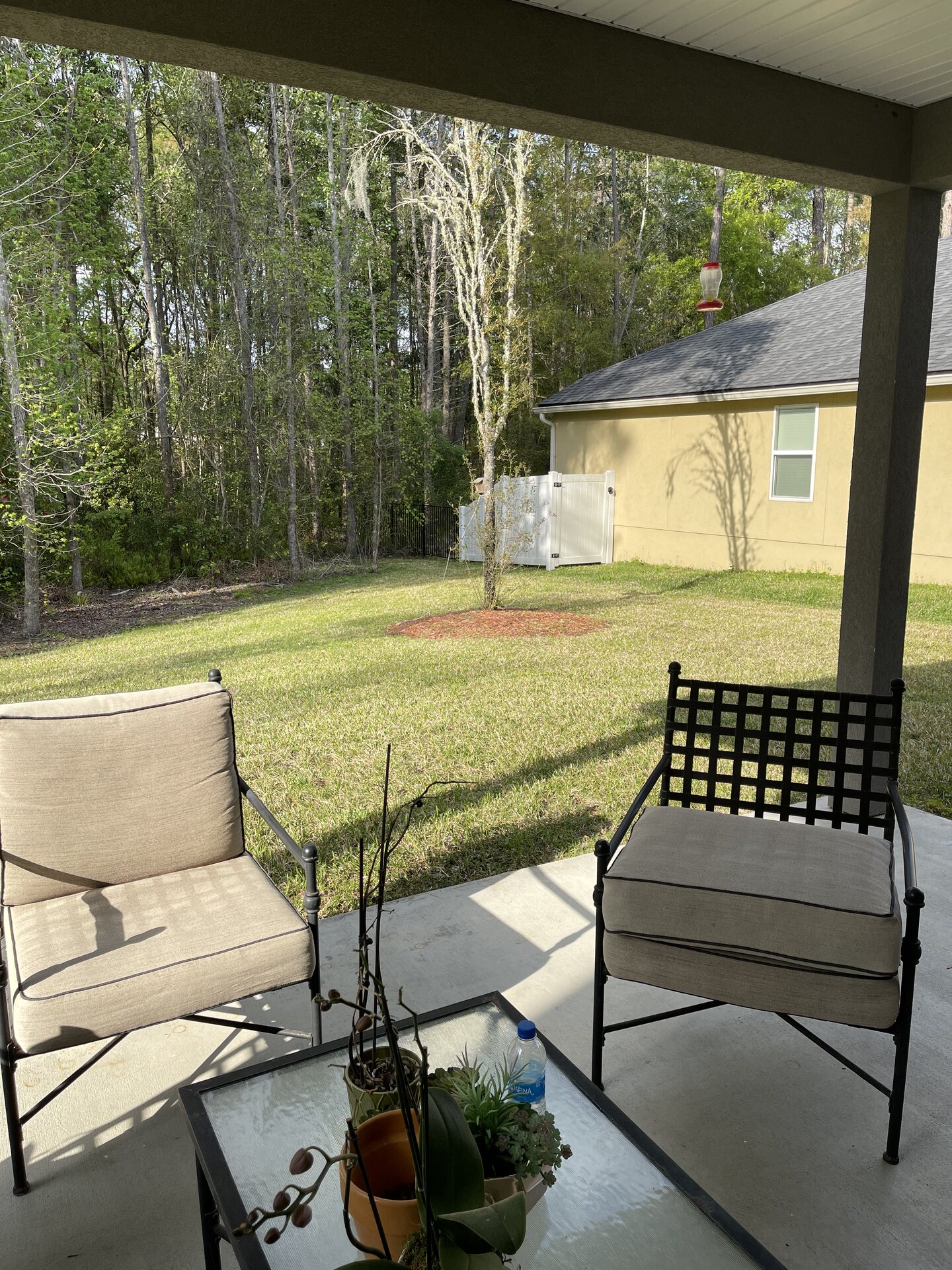Covered backyard patio and lawn before the pool and outdoor-living work.