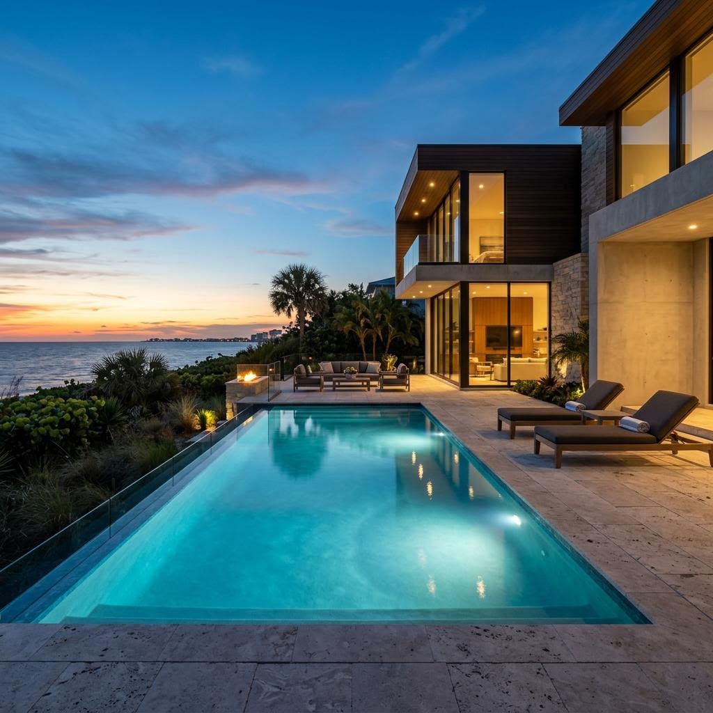Design visualization of a modern pool and outdoor-living environment