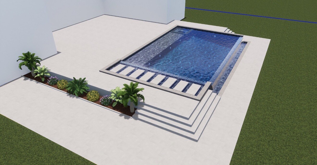 Design rendering of a rectangular pool with wide entry steps and a light-toned deck for the Mandarin project.