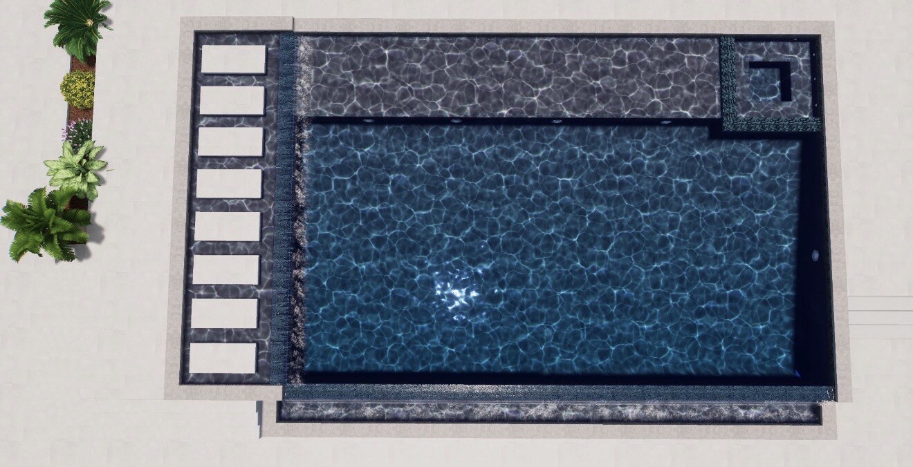Top-down design rendering of the proposed rectangular pool and entry steps in Mandarin.