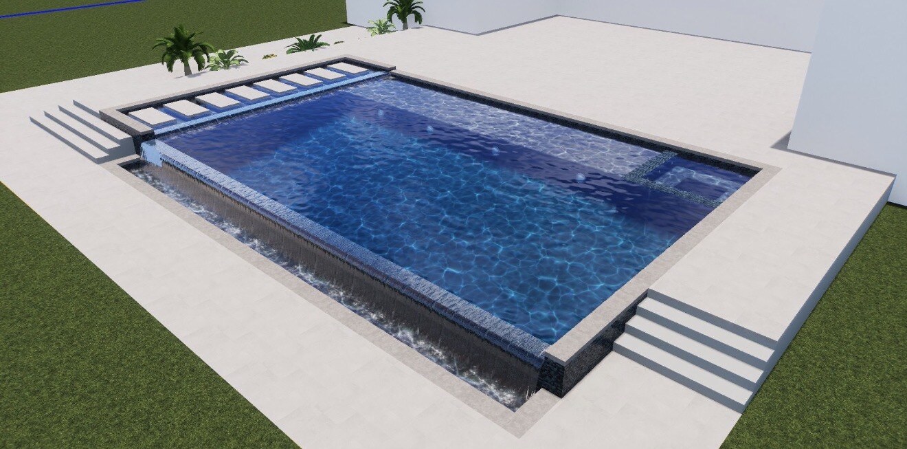 Angled design rendering of the planned Mandarin pool, broad entry steps and surrounding deck.