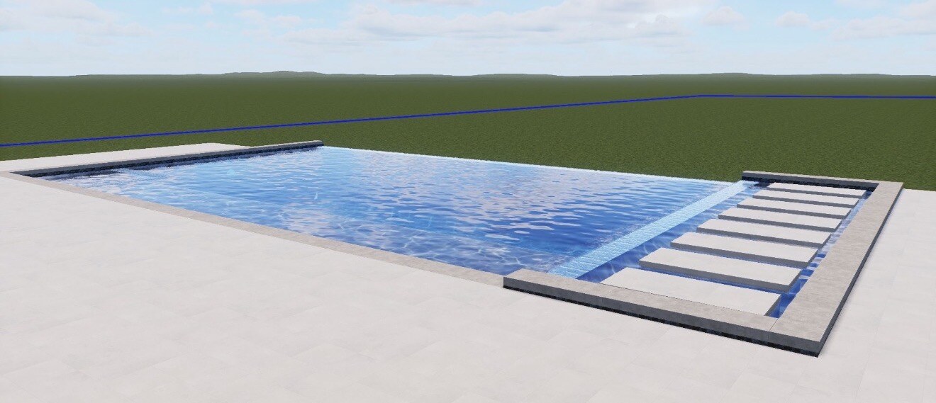 Low-angle design rendering showing the long side of the proposed Mandarin pool and entry steps.