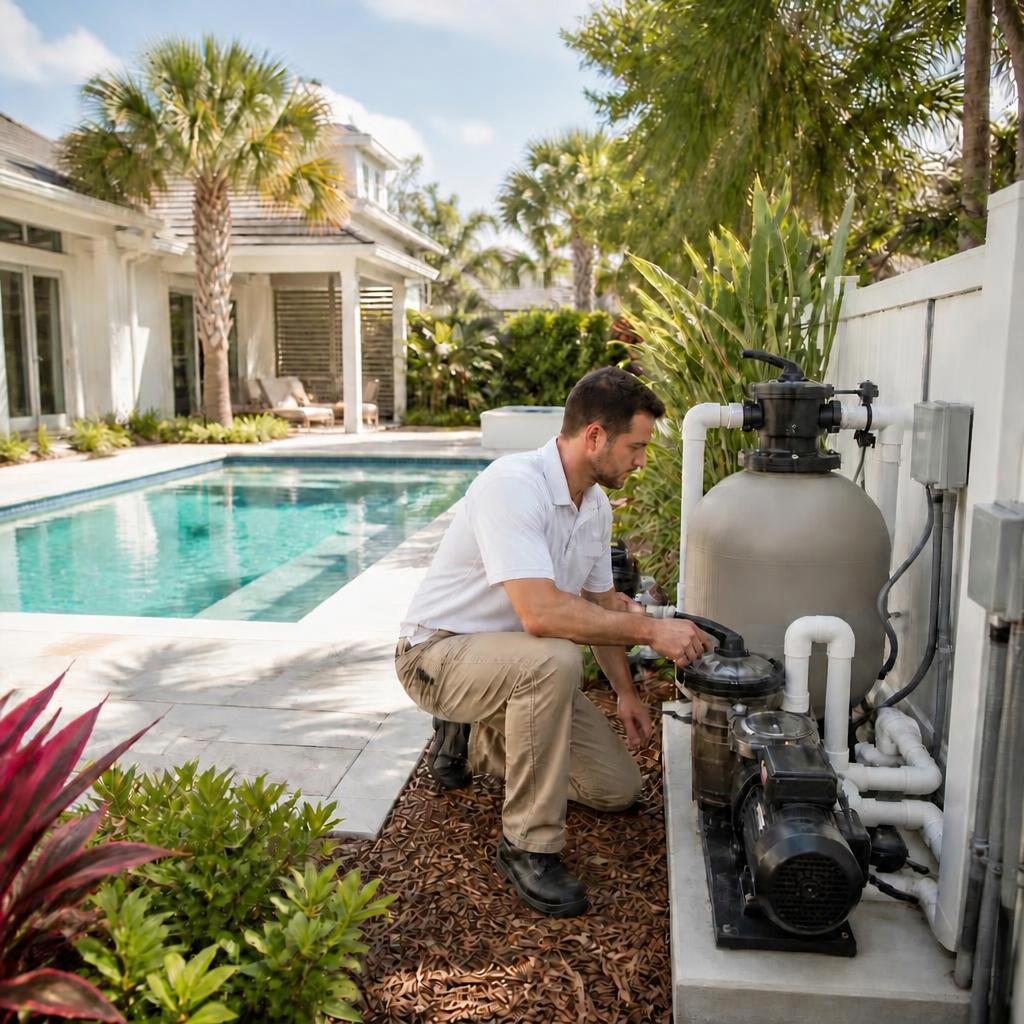 Illustrative concept of a pool technician inspecting residential pool equipment beside a backyard pool.