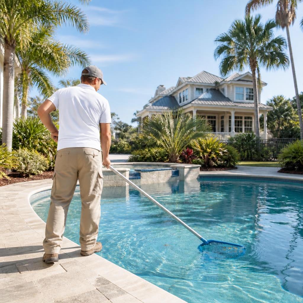 Illustrative concept of a pool-care professional skimming a private backyard pool.