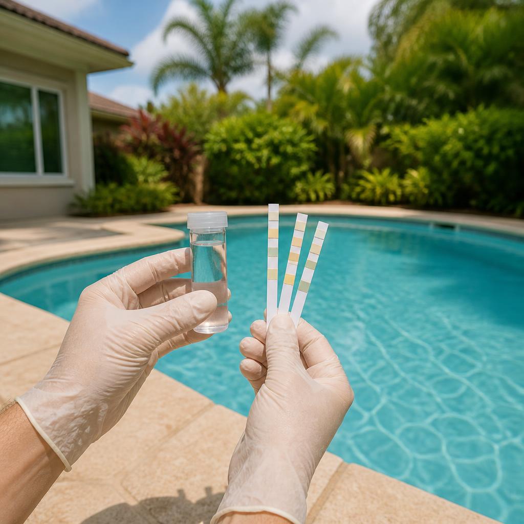 Illustrative concept of testing a water sample beside a residential swimming pool.
