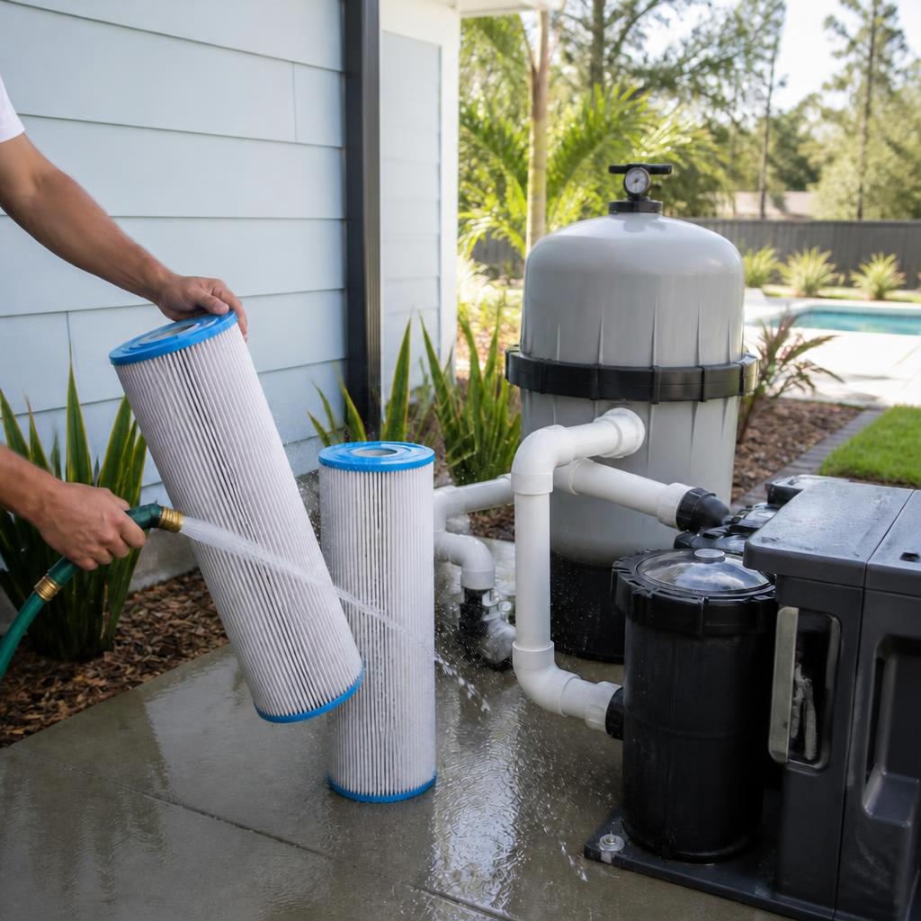 Illustrative concept of cleaning residential pool filter cartridges at a tidy equipment pad.