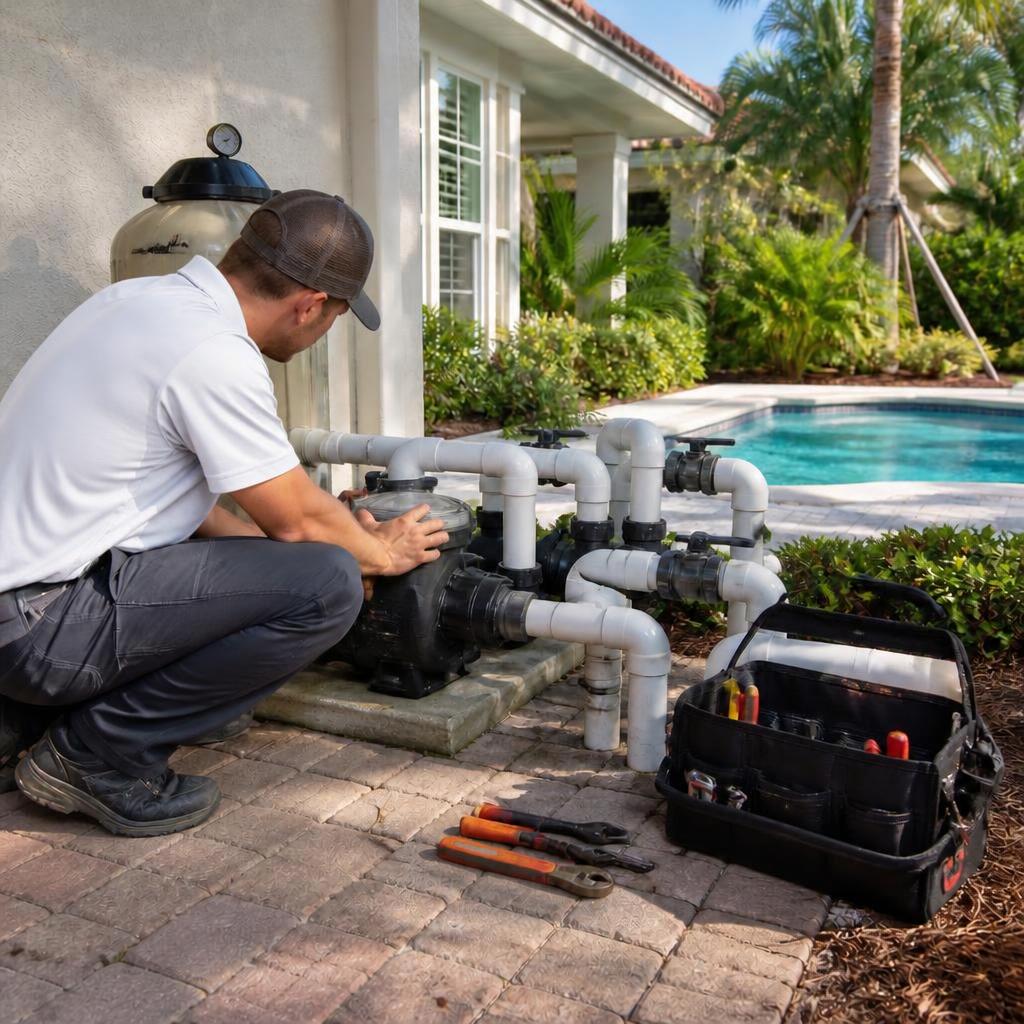 Illustrative concept of a technician servicing pump and valve equipment for a home pool.