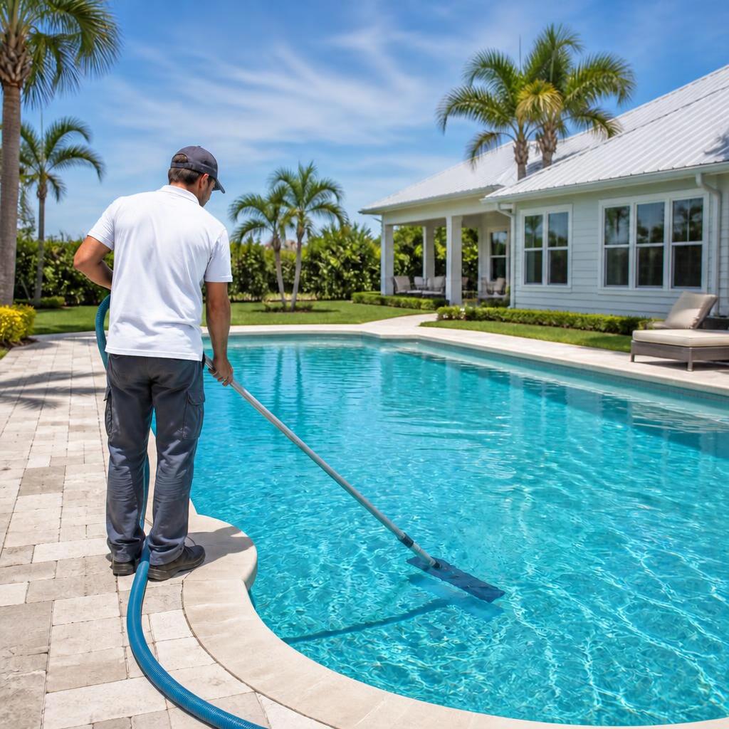 Illustrative concept of vacuuming a private residential swimming pool.