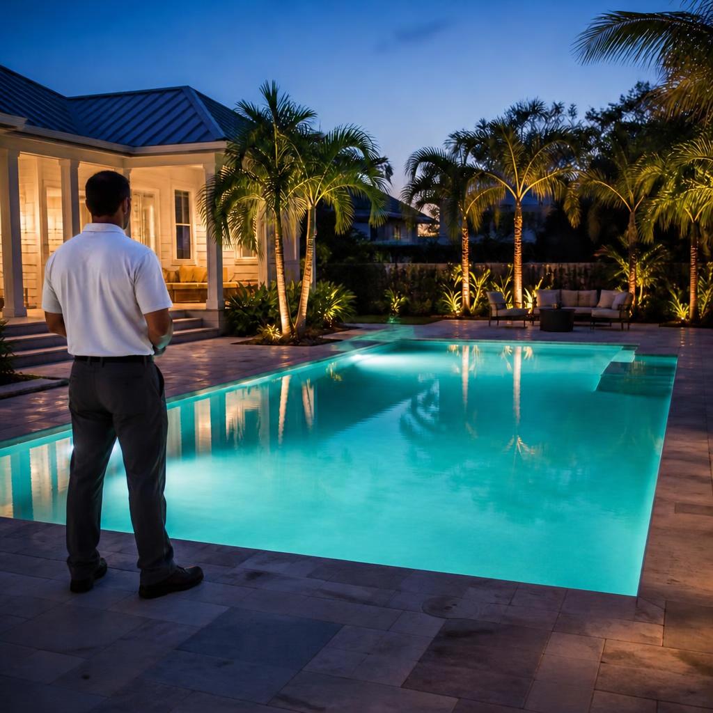 Illustrative concept of checking underwater lighting in a residential backyard pool at dusk.