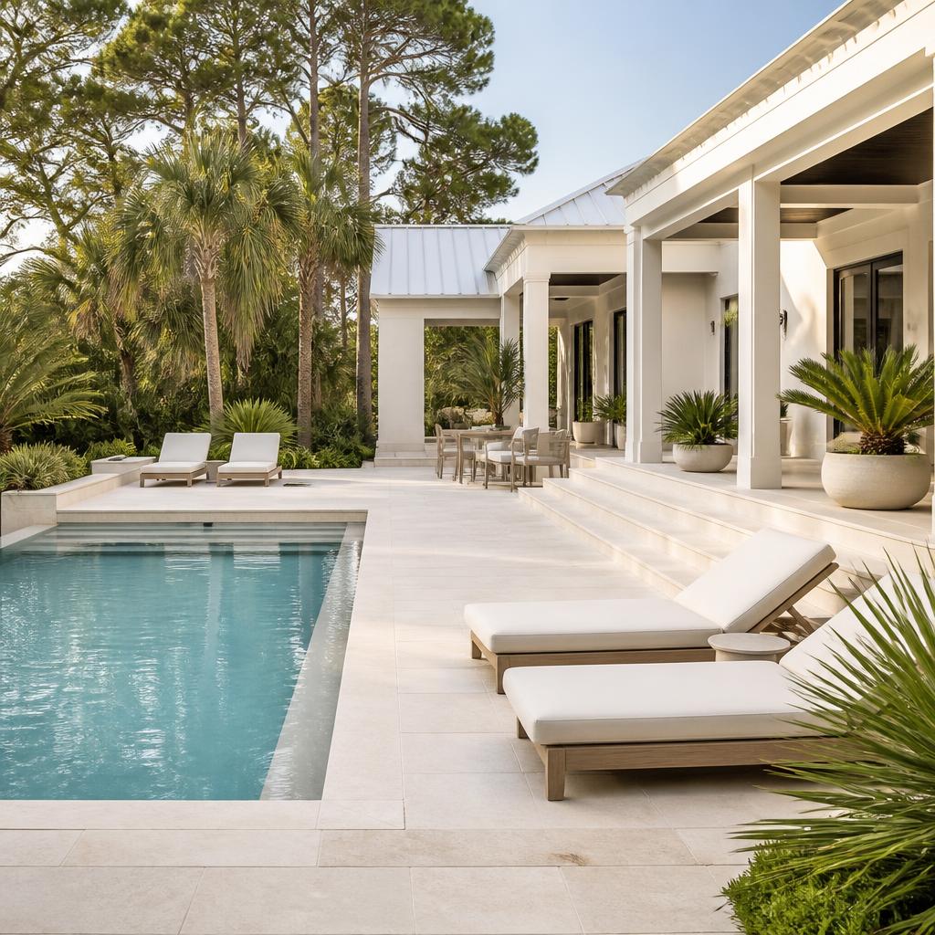 Illustrative concept of a pale stone pool deck with a refined outdoor lounge.
