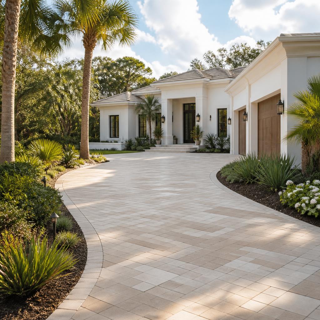 Illustrative concept of a curved stone-paver driveway leading to a coastal home.