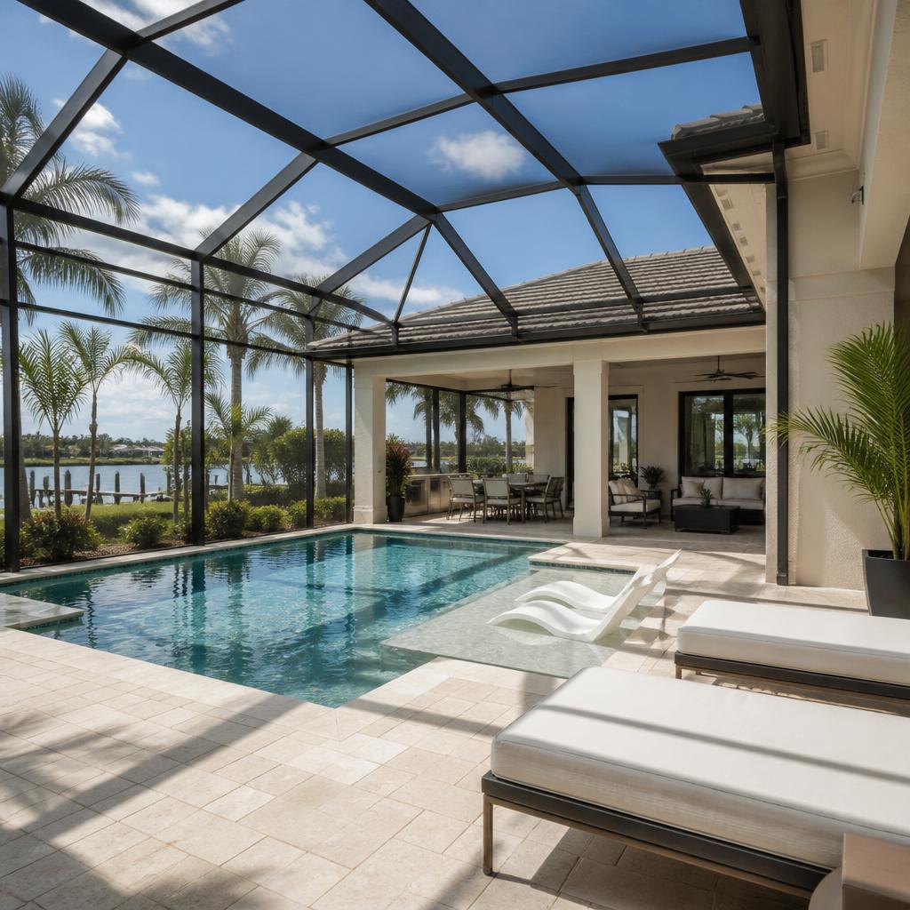 Illustrative concept of a screened residential pool enclosure with a light coastal finish palette.
