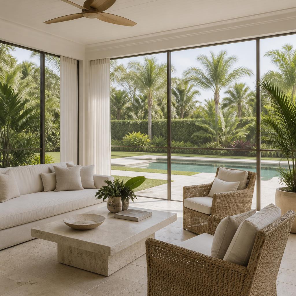 Illustrative concept of a calm screened lanai lounge opening toward a pool and garden.