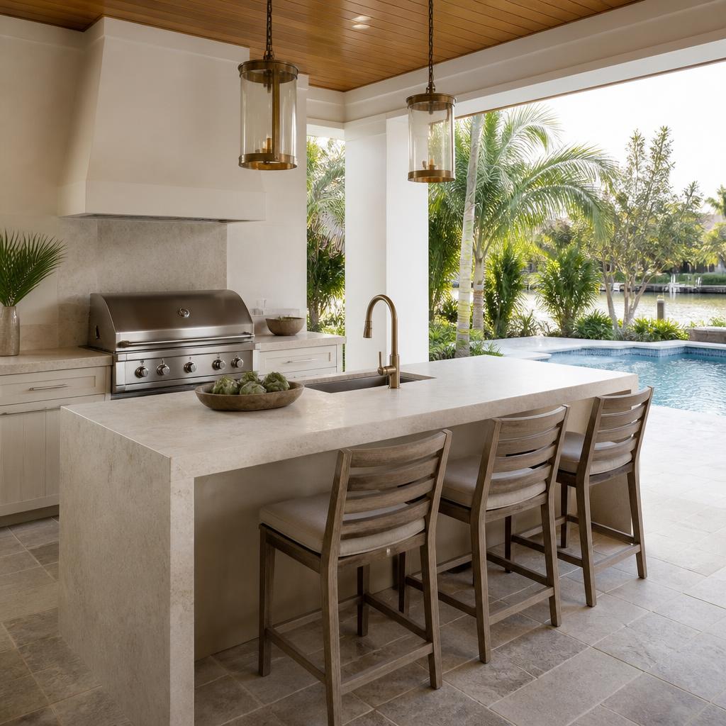 Illustrative concept of a covered summer kitchen with a stone island beside a pool.