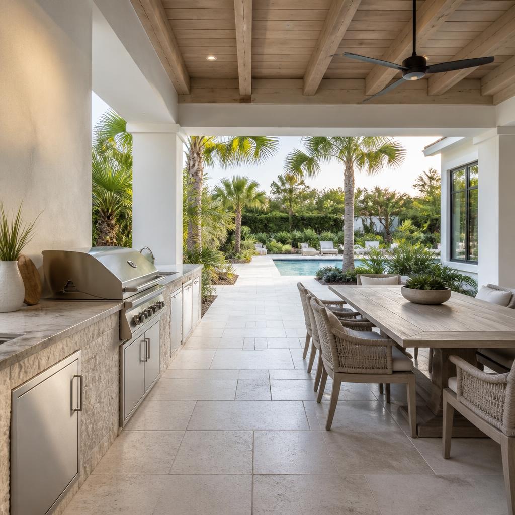 Illustrative concept of an outdoor kitchen and dining pavilion with views to a pool.