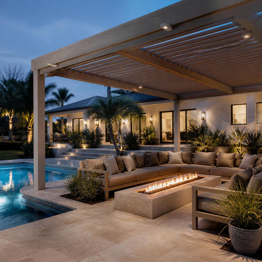 Illustrative concept of a slatted pergola covering a poolside lounge and fire feature.