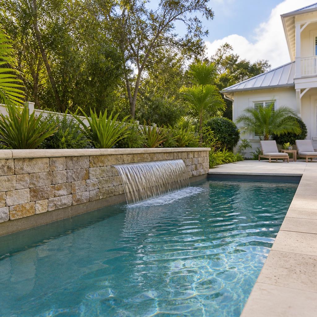 Illustrative concept of a low stone water wall spilling into a residential pool.