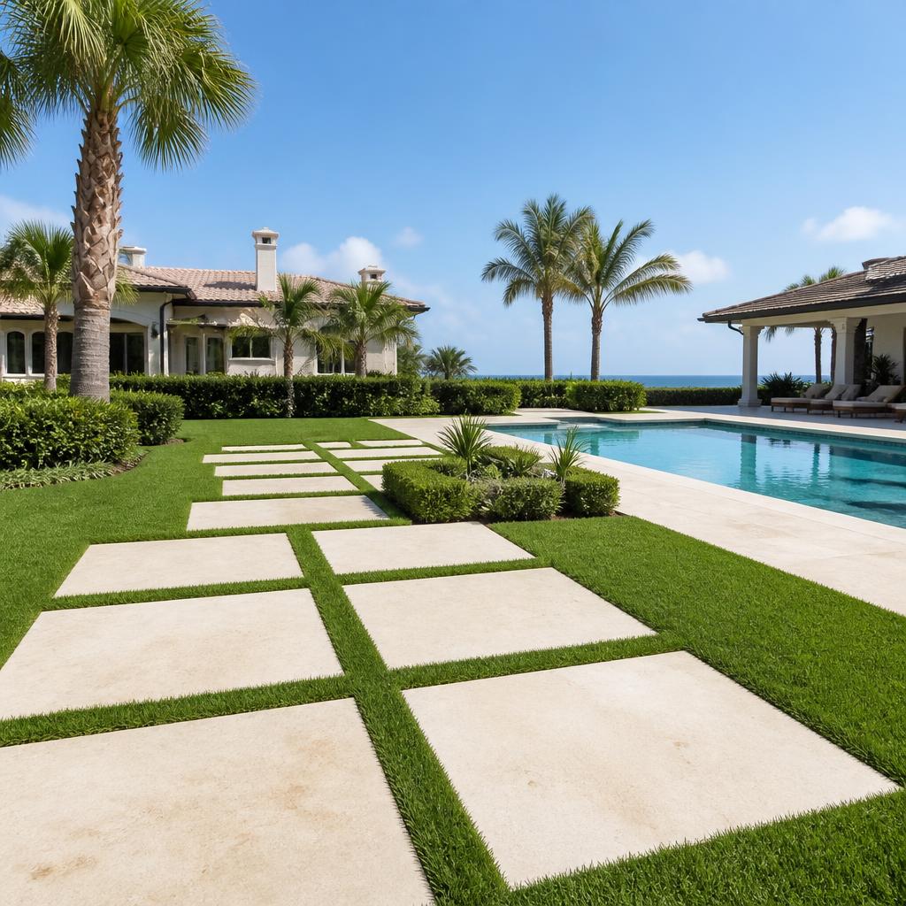 Illustrative concept of a backyard pool bordered by a manicured lawn and large square pavers set into grass.