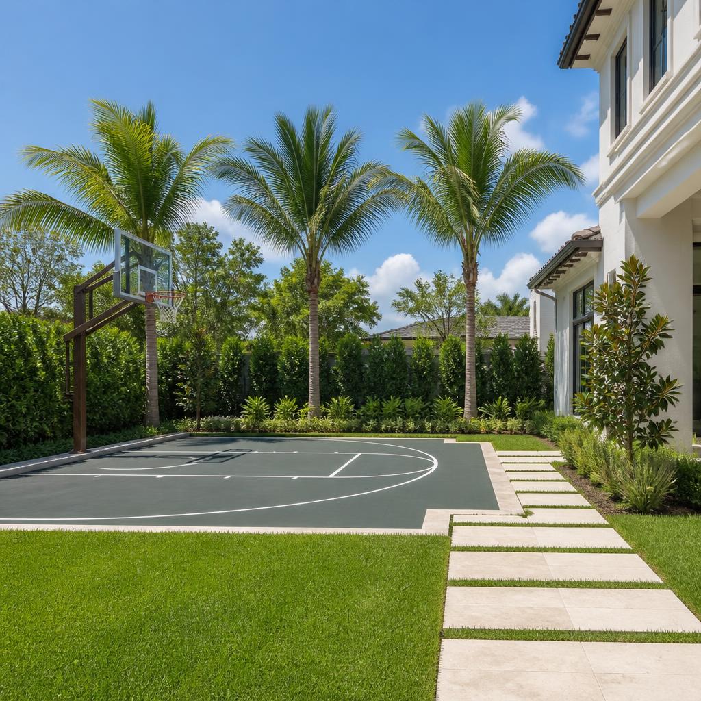Illustrative concept of a private basketball half-court beside manicured turf and a square-paver path.
