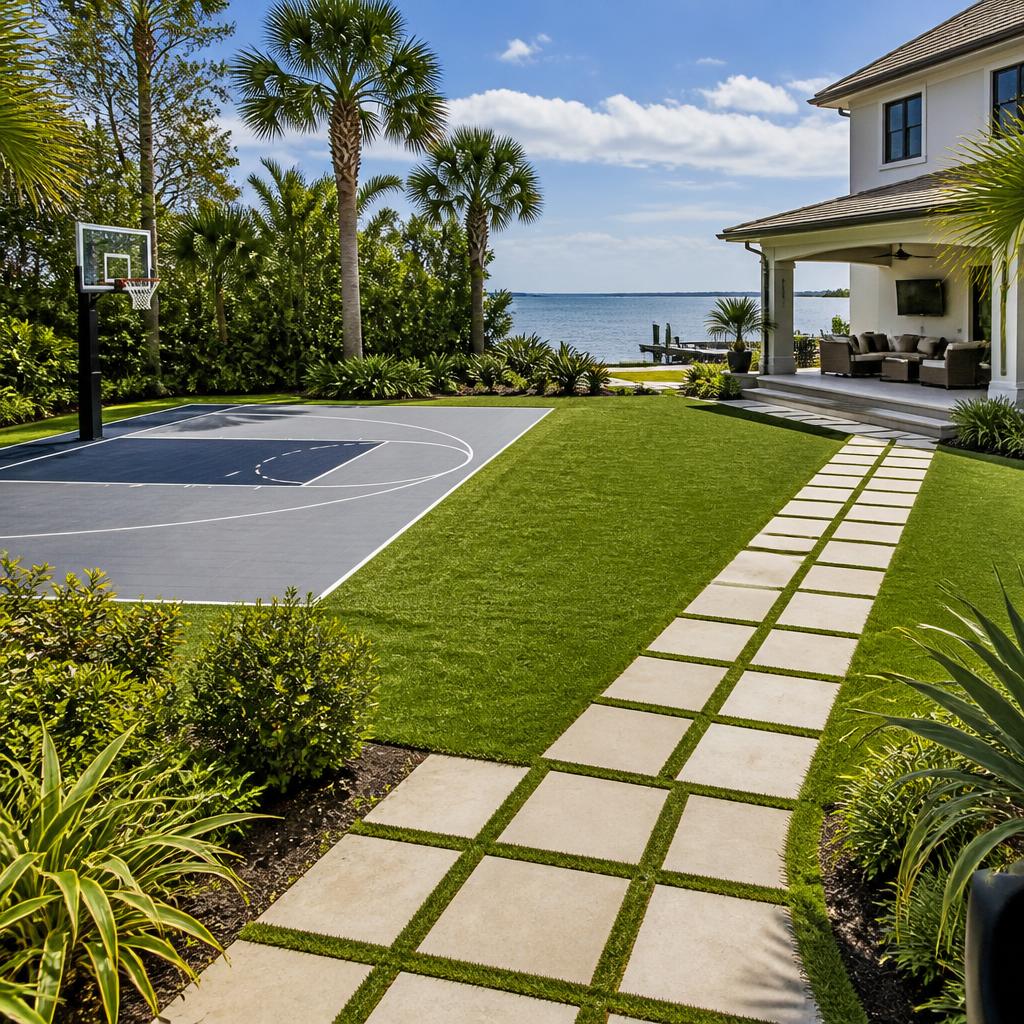 Illustrative concept of a landscaped recreation courtyard combining a basketball court, lawn, and paver walkway.