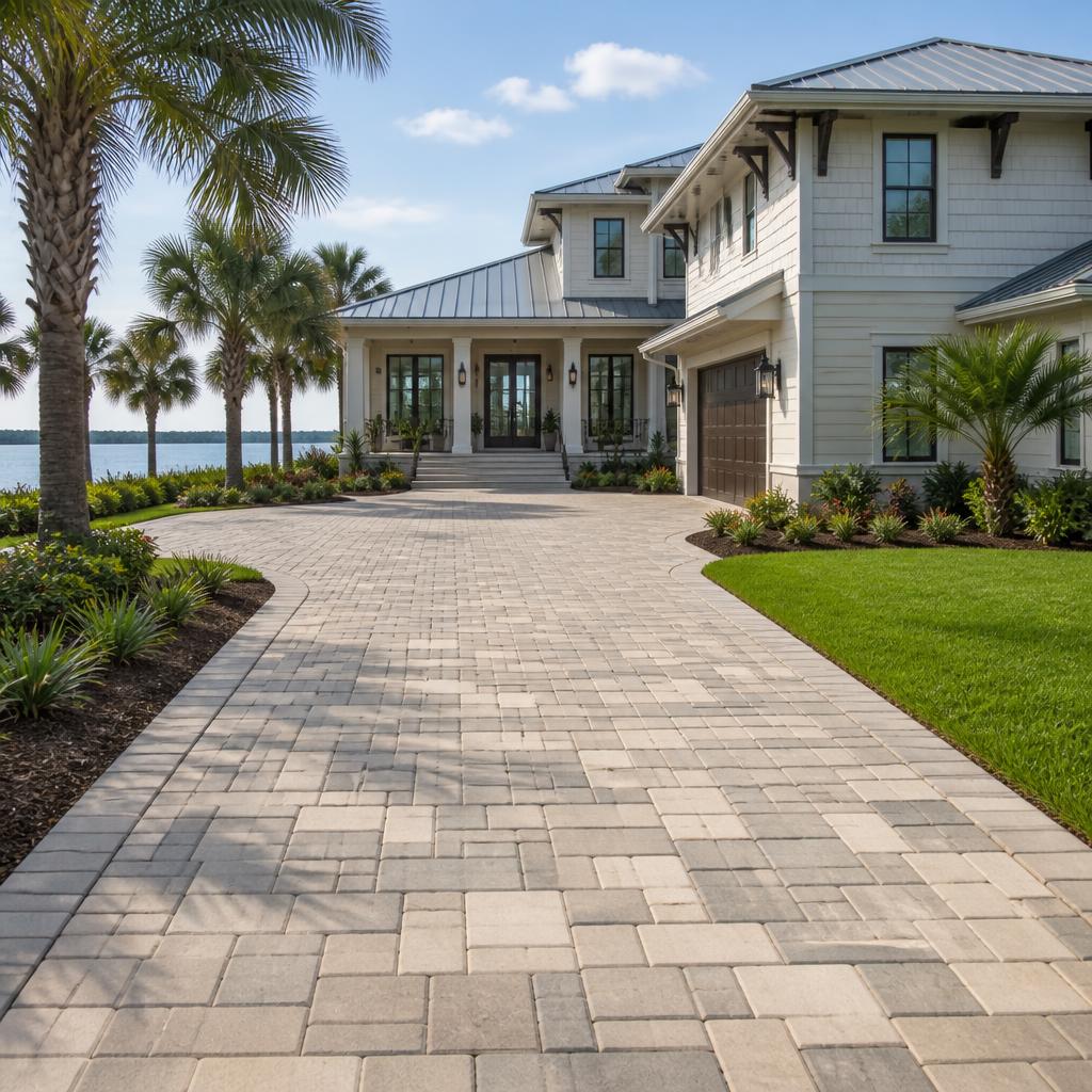 Illustrative concept showing a warm gray modular concrete-paver driveway.