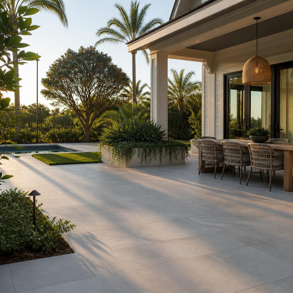 Illustrative concept of a large-format paver patio beside an outdoor dining area.