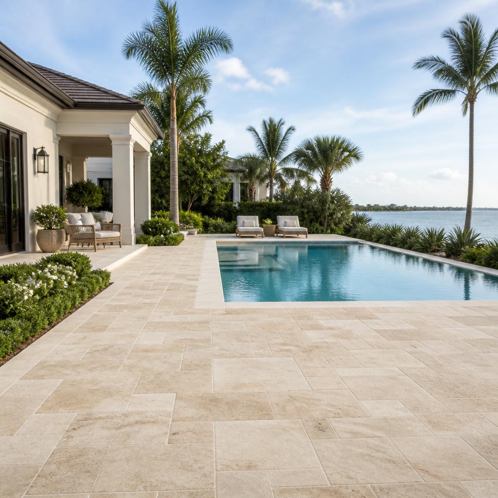 Illustrative concept of a pool deck in warm, naturally varied stone pavers.