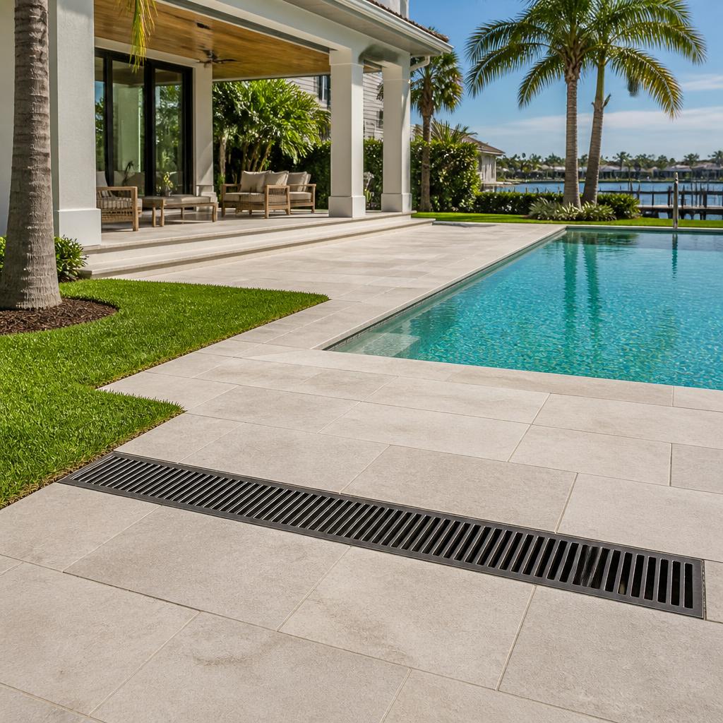 Illustrative concept of a channel grate across the transition between a paver deck and lawn.