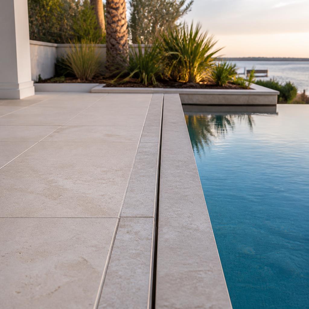 Illustrative concept of a discreet slot drain beside a stone pool coping edge.