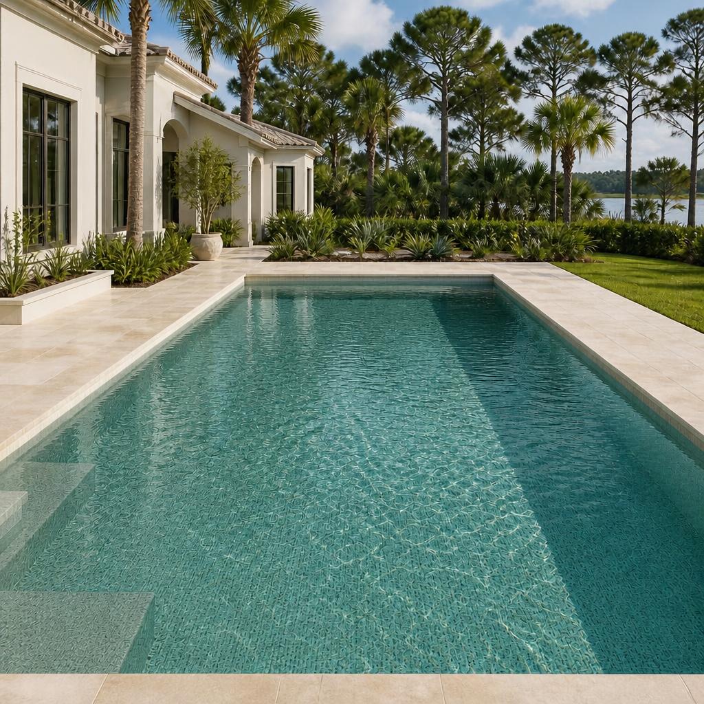 Illustrative coastal-teal pool-finish concept shown in the same pool setting.