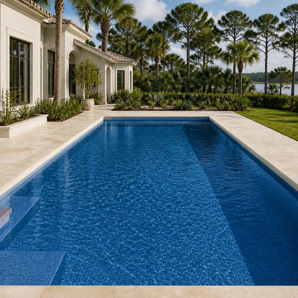 Illustrative deep-blue pool-finish concept shown in the same pool setting.