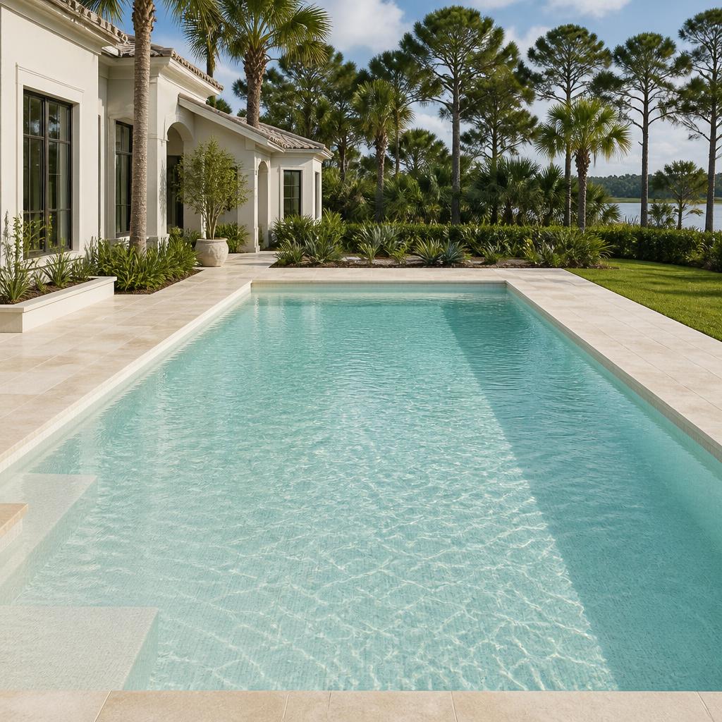 Illustrative pearl-toned pool-finish concept with soft pale-aqua water in a coastal backyard.