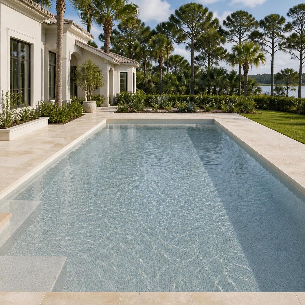 Illustrative cool soft-blue pool-finish concept shown in the same pool setting.