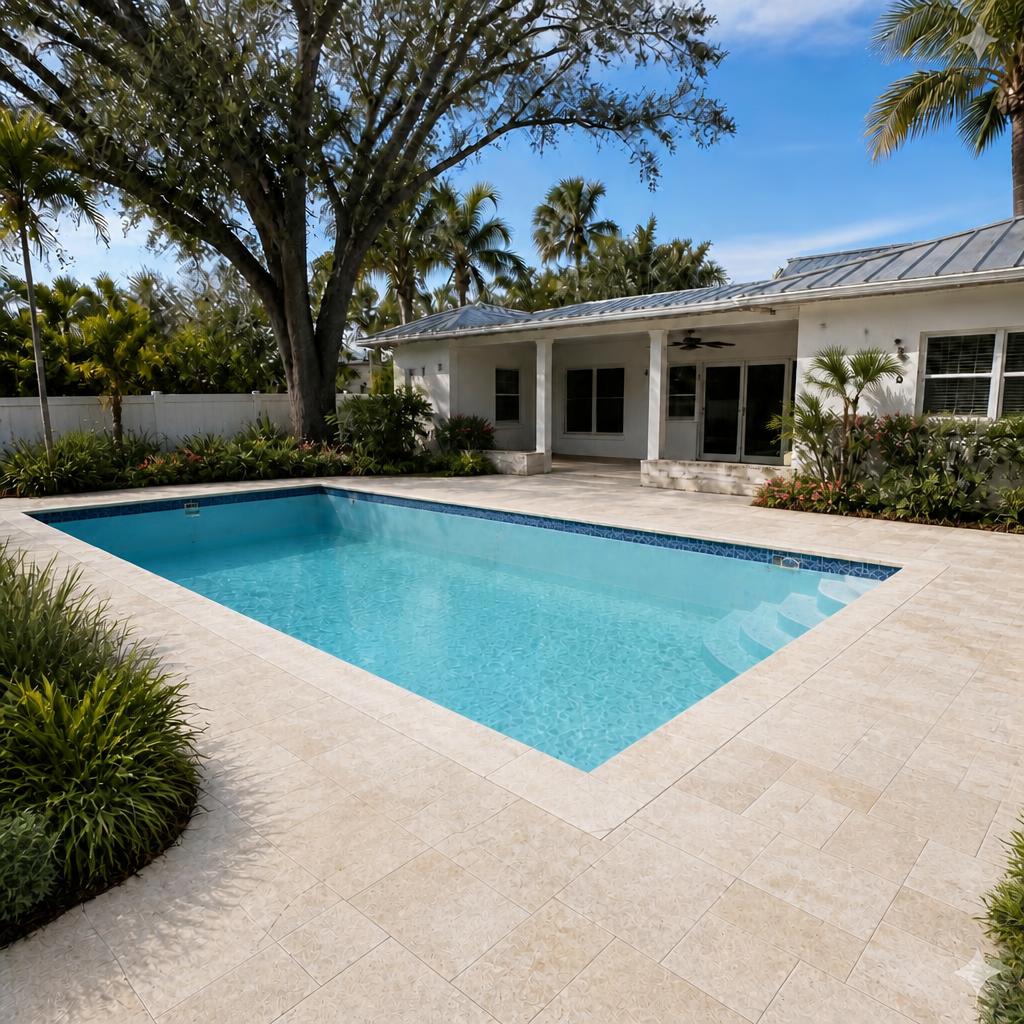 Illustrative after concept: the same rectangular pool and house with updated waterline tile, a brighter finish, and coordinated surroundings.