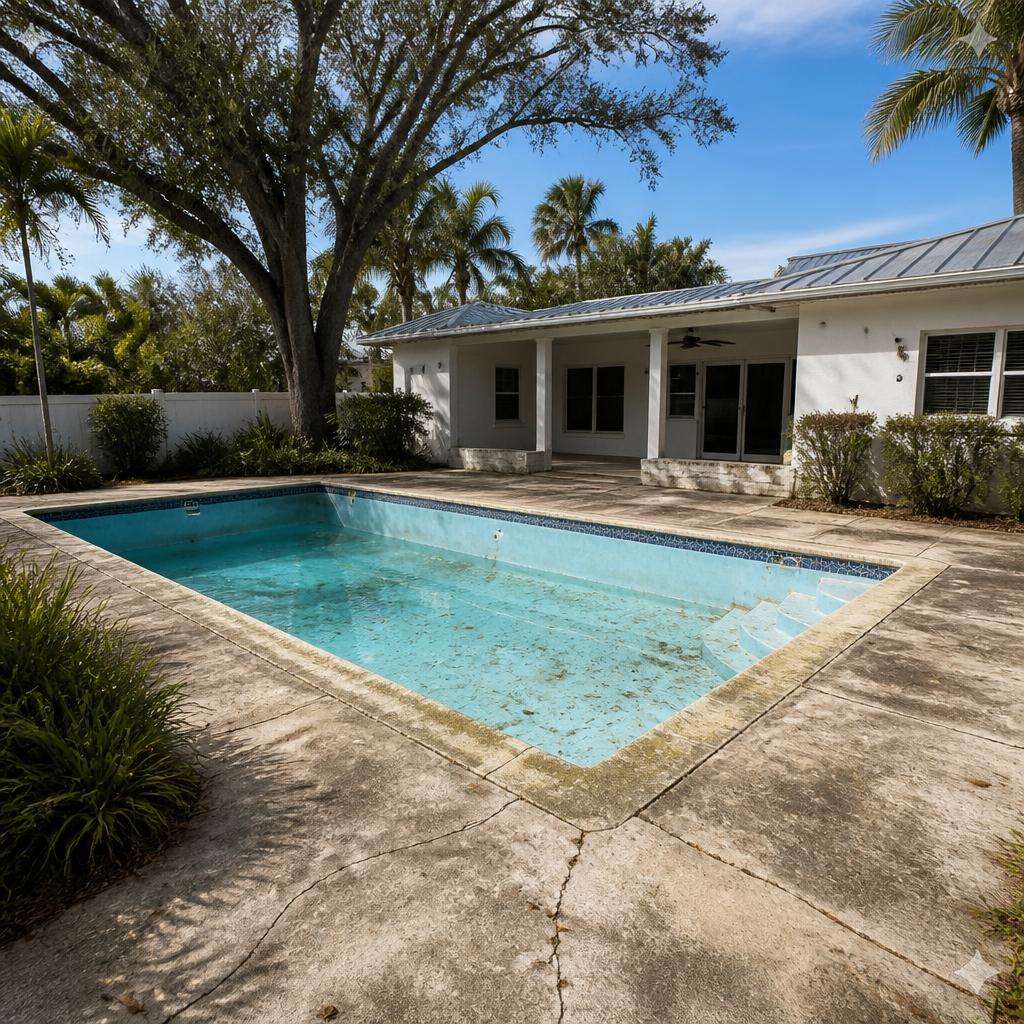 Illustrative before concept: an older residential pool before a possible tile, finish, and deck refresh.