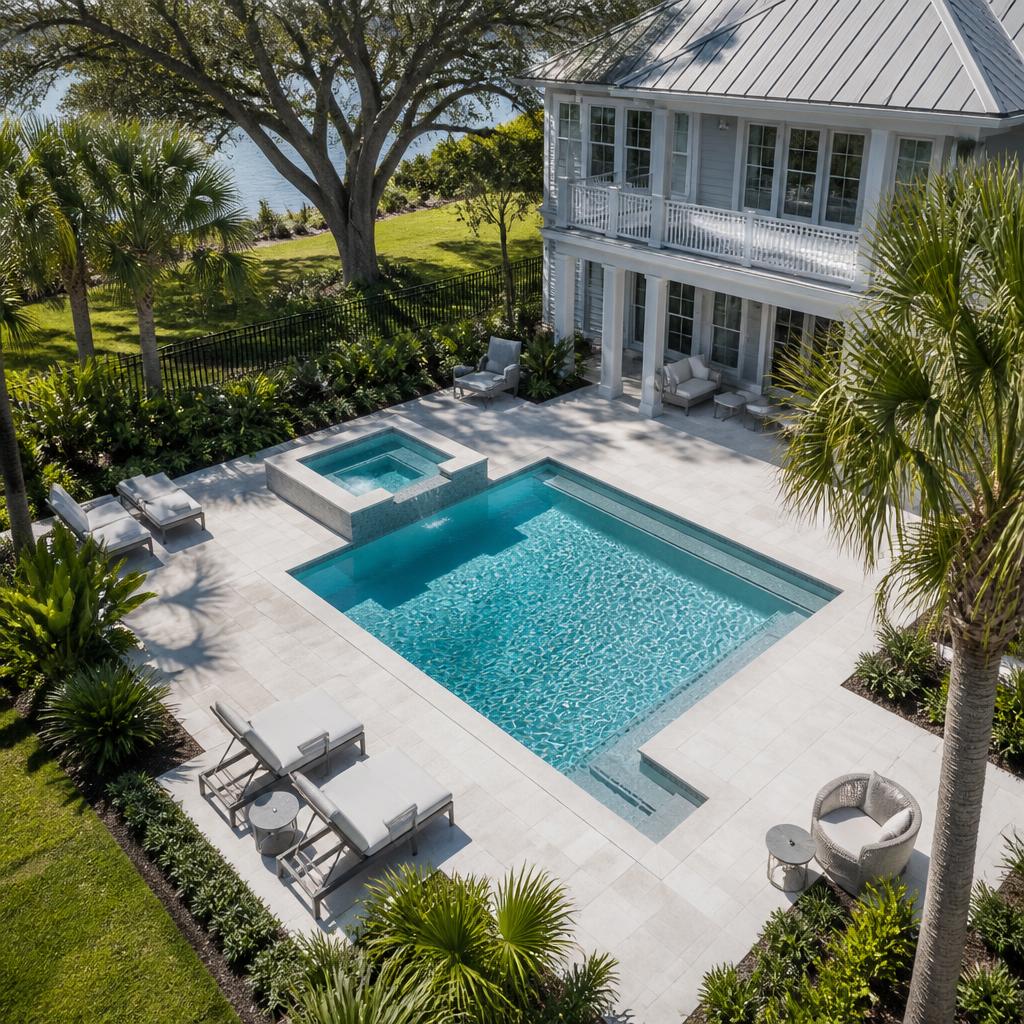 Illustrative elevated view of a geometric pool and attached spa beside a coastal-style home.