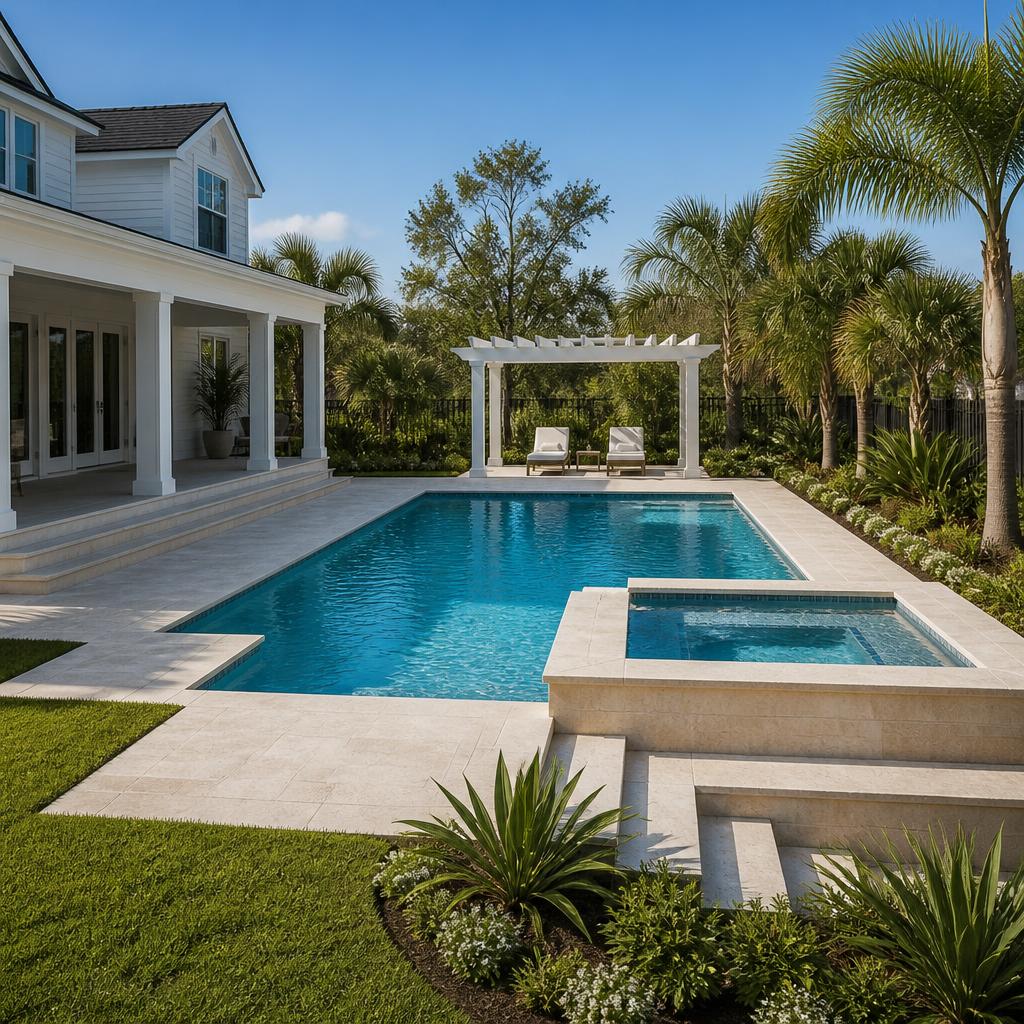 Illustrative courtyard pool-and-spa design concept with a pergola, palms, and pale pavers.