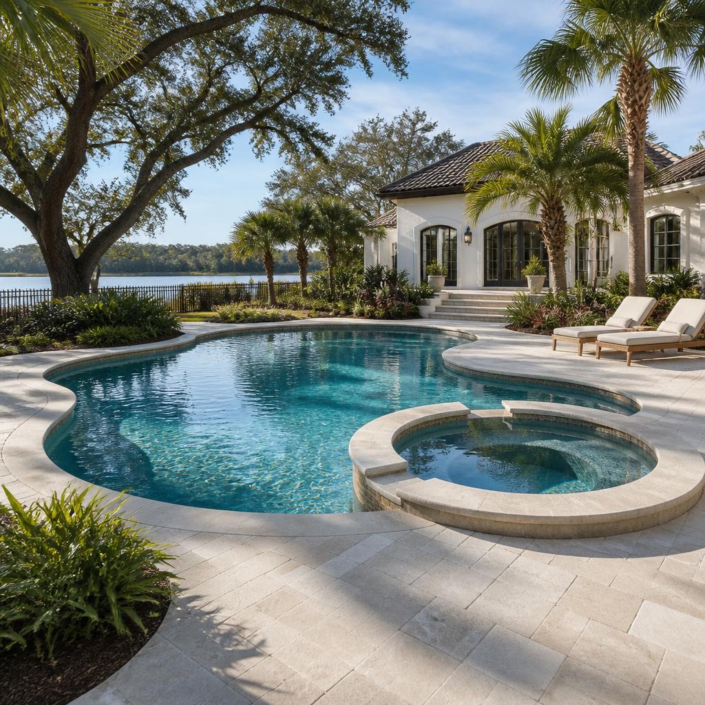Illustrative freeform pool and rounded spa concept in a landscaped Northeast Florida backyard.
