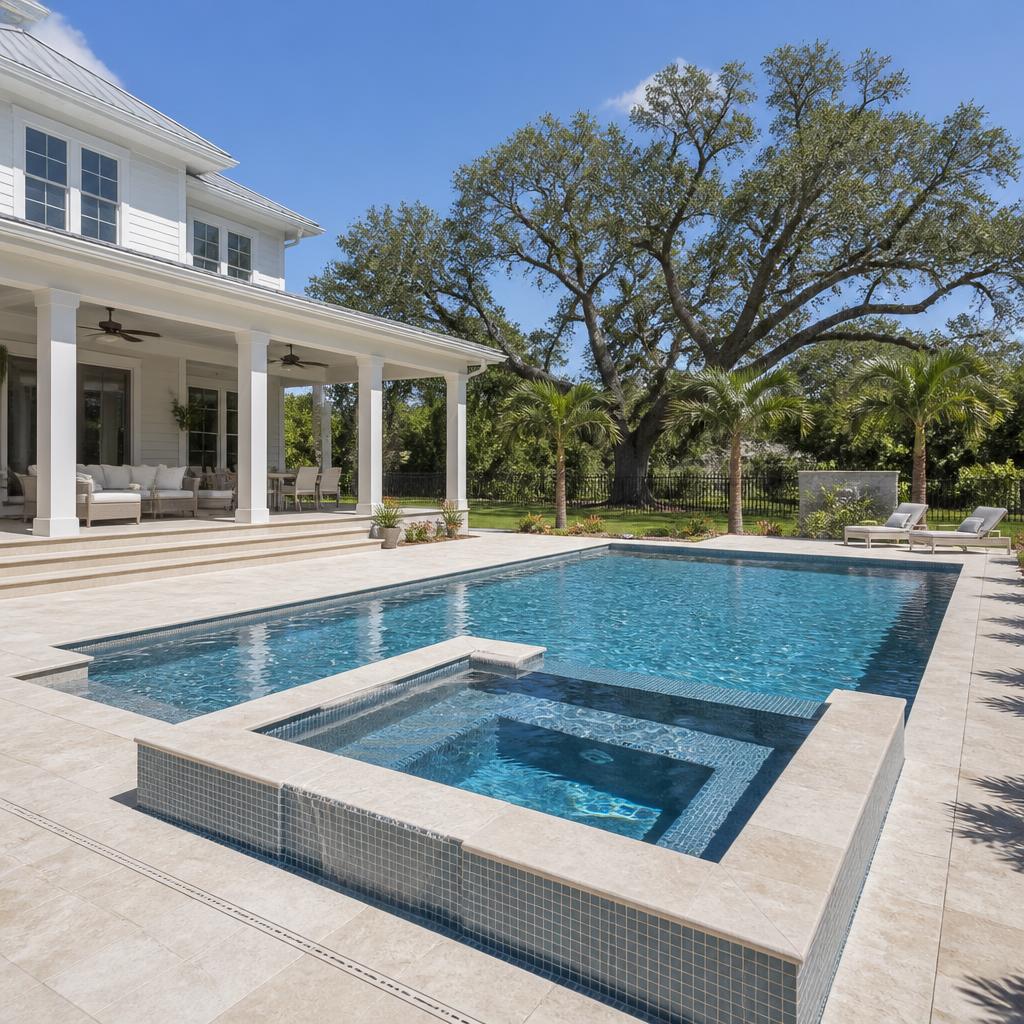 Illustrative pool-and-spa design concept with a raised tiled spa, rectangular pool, pale stone deck, and coastal Florida home.