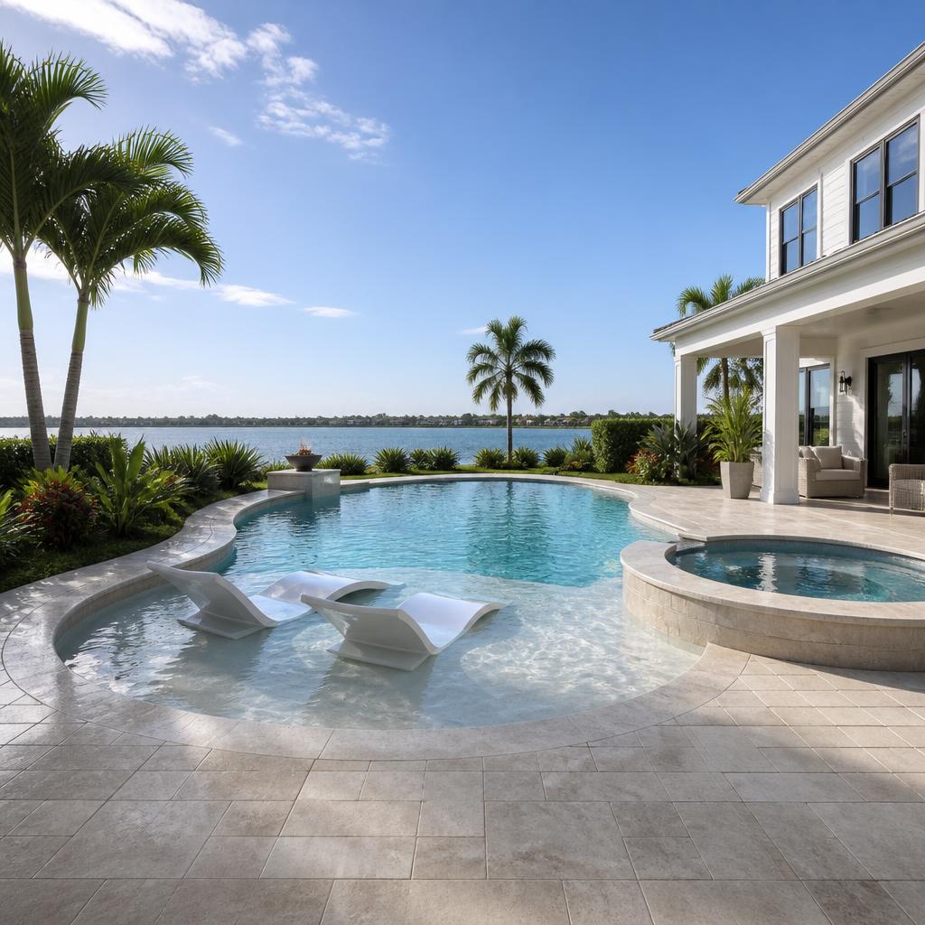 Illustrative pool-and-spa concept with a shallow tanning shelf, in-water loungers, and light stone coping.
