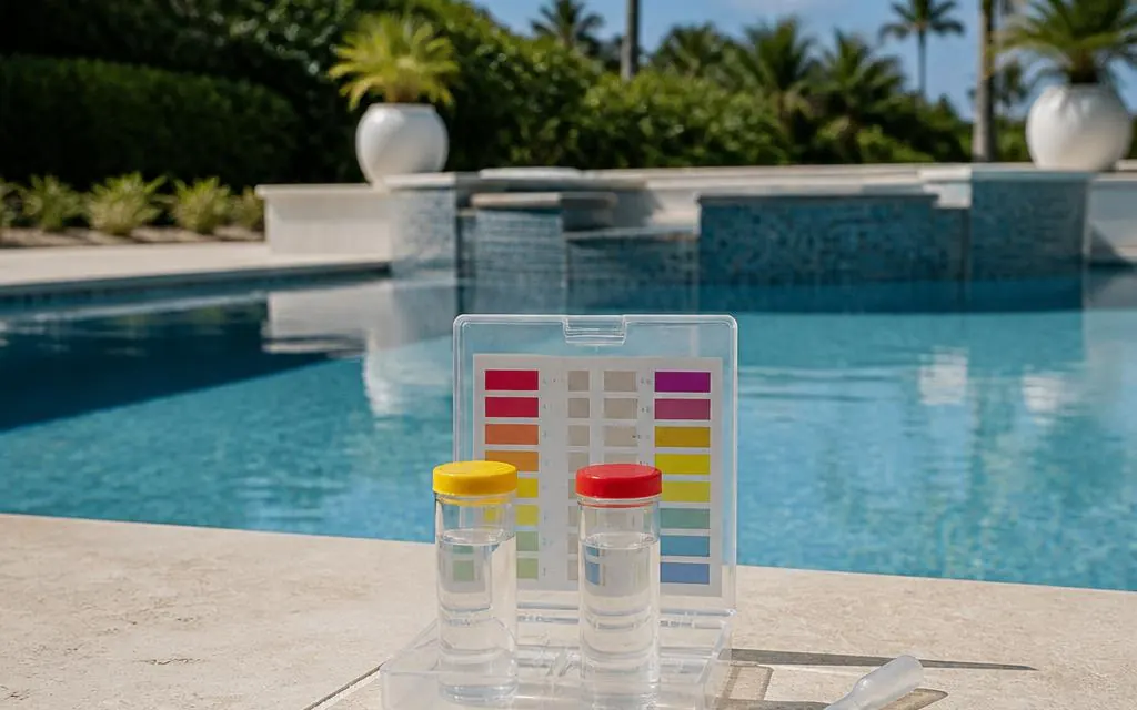 Unbranded pool-water testing kit and sample vials on stone coping beside a residential pool.