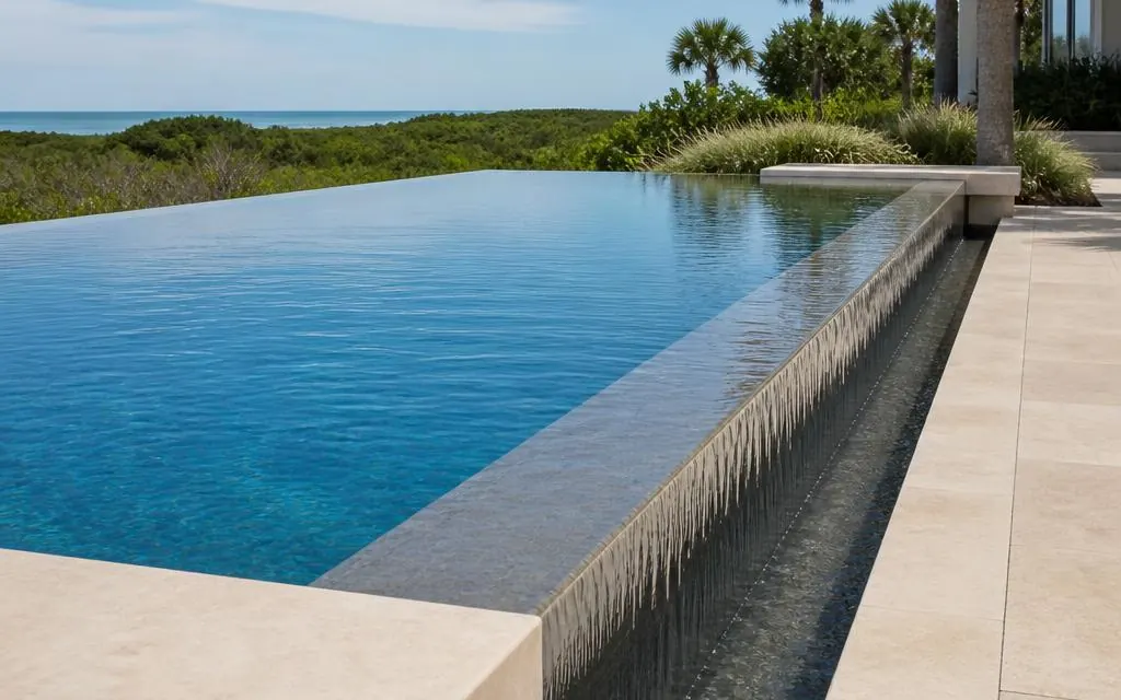 Illustrative infinity-edge pool with water flowing over the far edge into a collection channel.