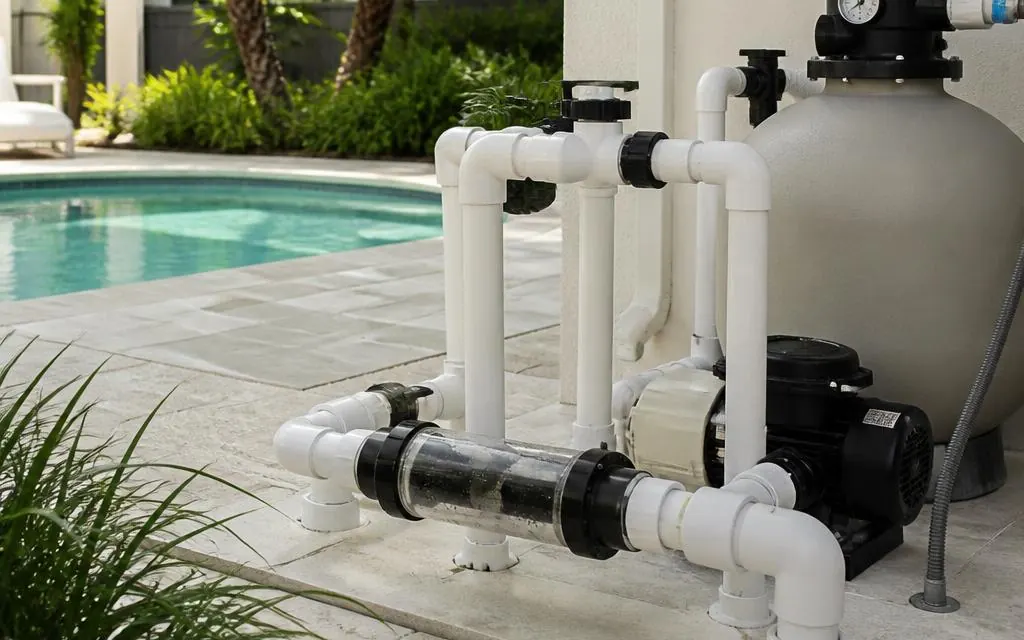 Illustrative residential pool pump, filter and circulation piping beside a backyard pool.