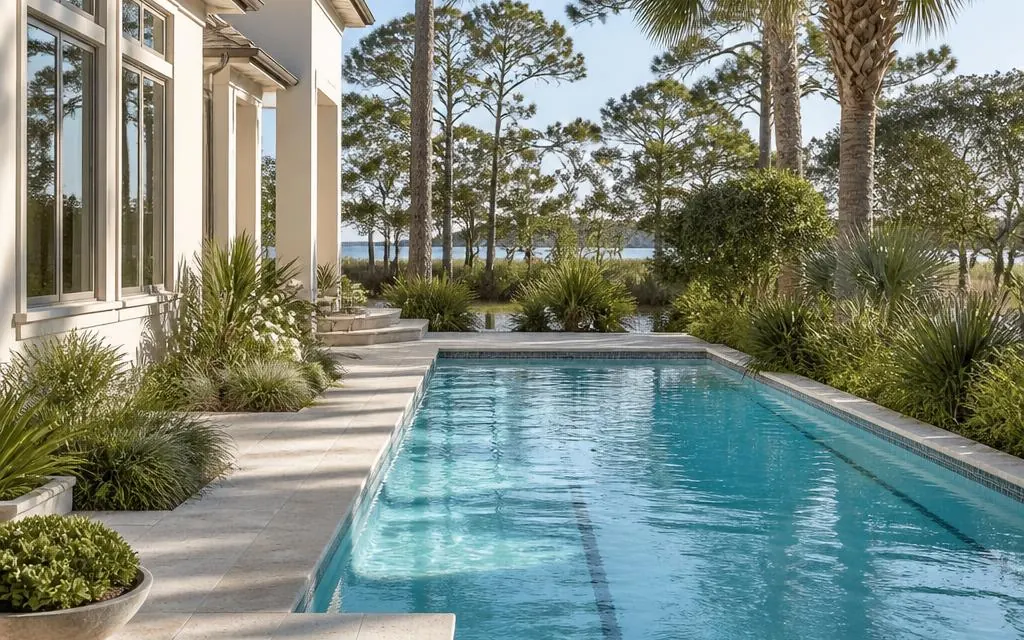 Illustrative Northeast Florida backyard pool beside a coastal home and layered tropical landscaping.