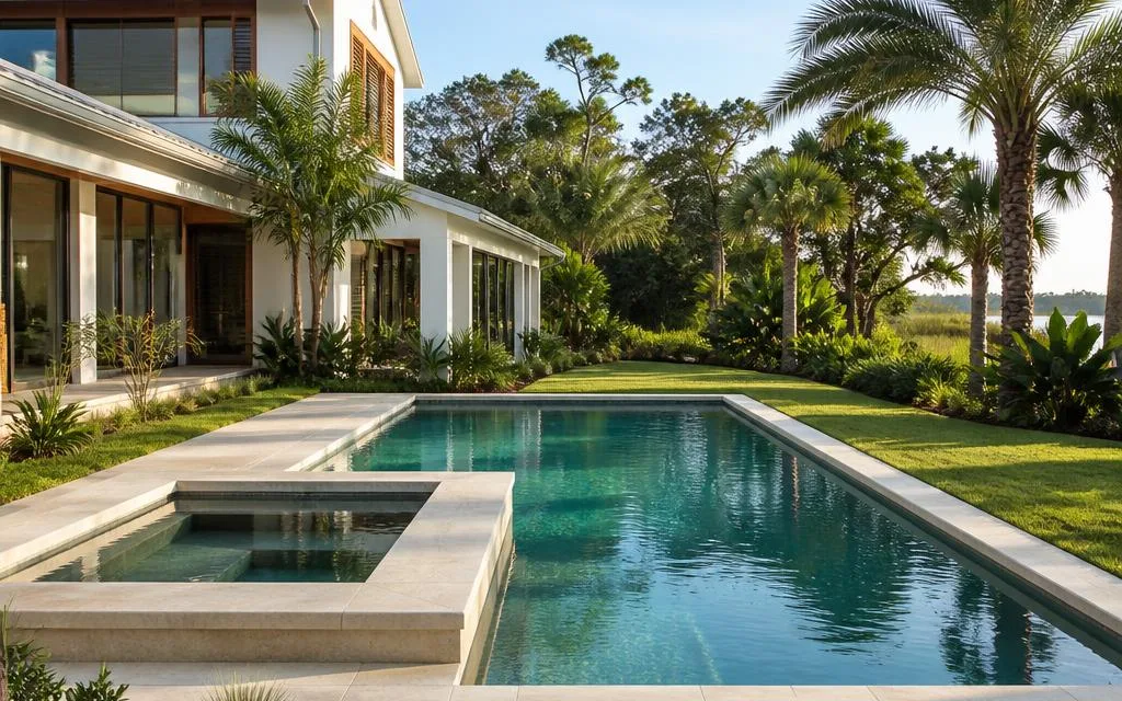 Concept of a custom concrete residential pool with pale stone coping, an integrated spa, lawn and palms beside a coastal home.