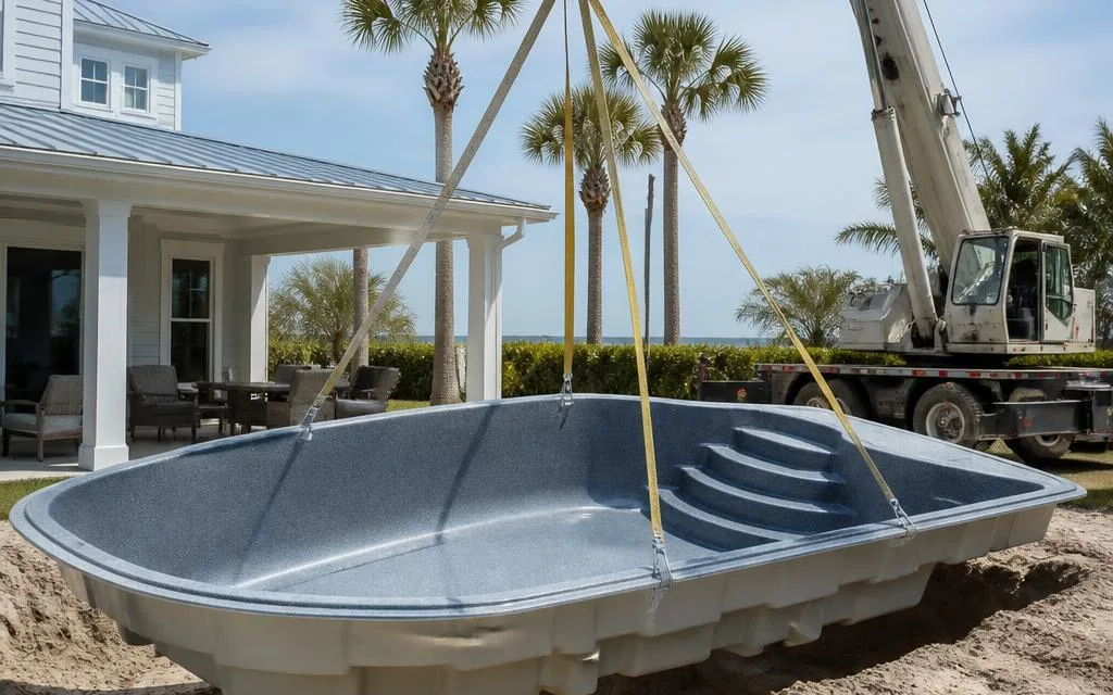 General educational concept showing a molded fiberglass pool shell being placed into a residential excavation.