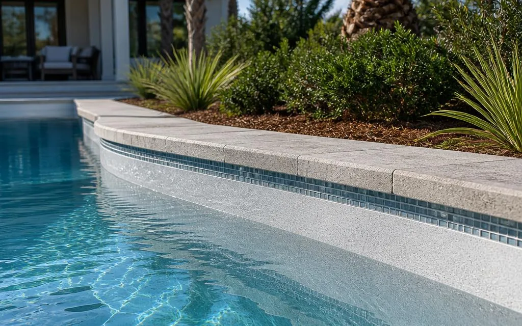 Illustrative detail of pool water, interior finish, waterline tile and pale coping in a landscaped backyard.