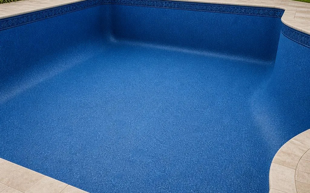 General educational concept showing a blue vinyl liner fitted inside a residential pool structure.